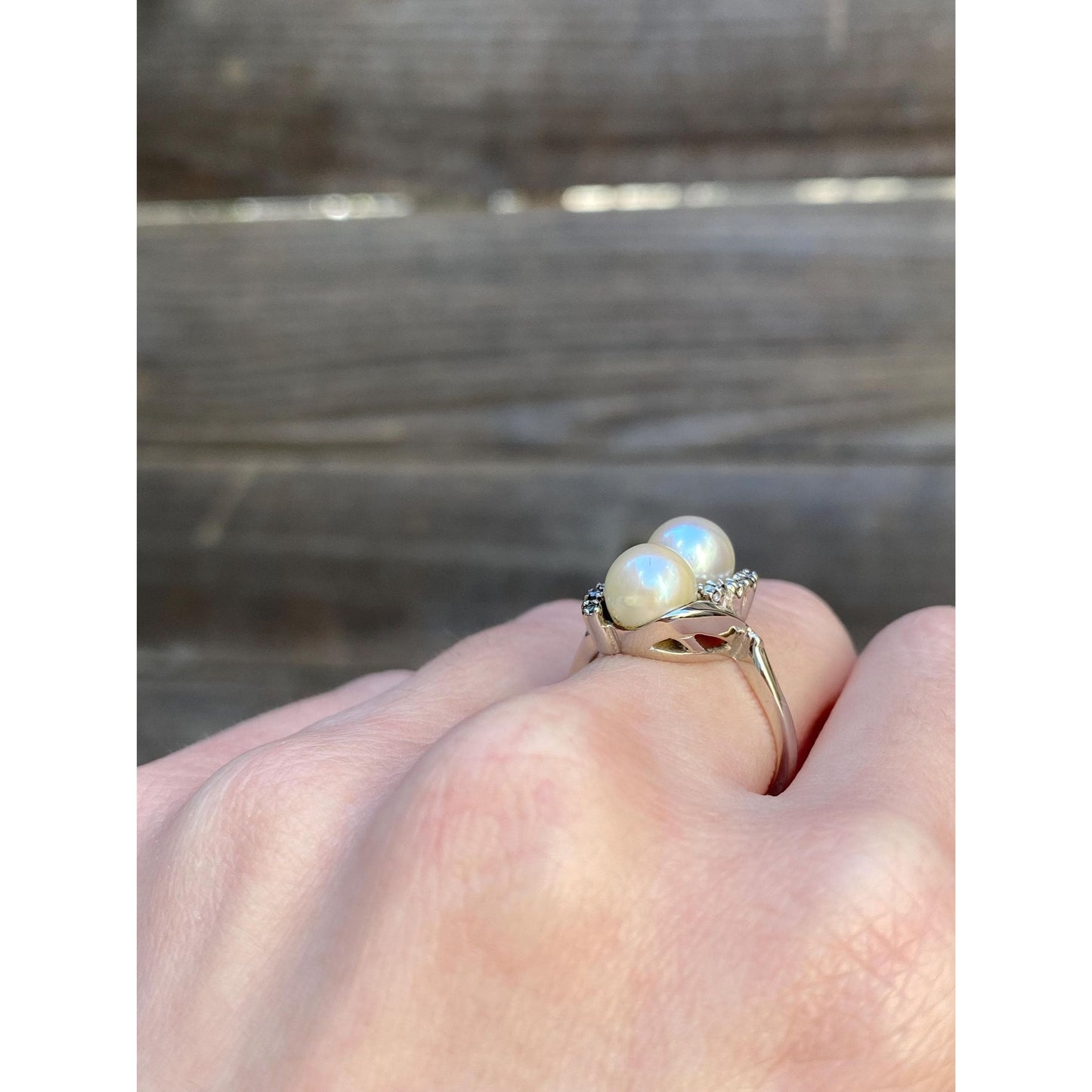 Vintage Solid 14k White Gold Pearl Diamond Ring - Size 6.25