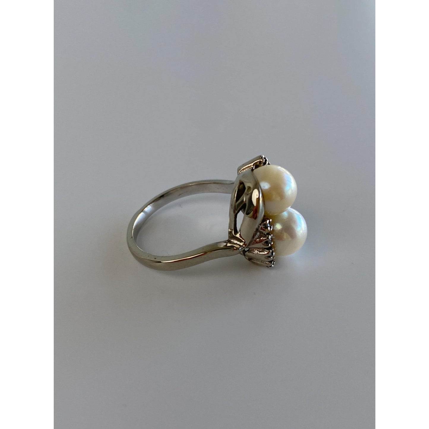 Vintage Solid 14k White Gold Pearl Diamond Ring - Size 6.25