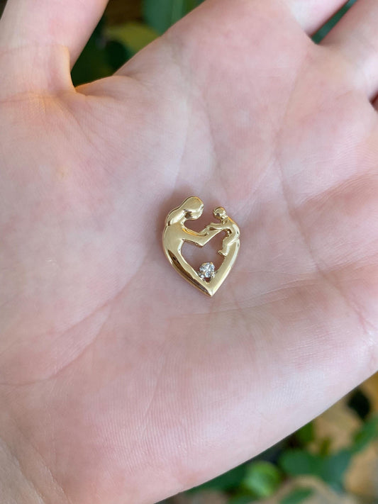 Vintage Solid 14k Yellow Gold Diamond Abstract Family Mother & Child Heart Charm