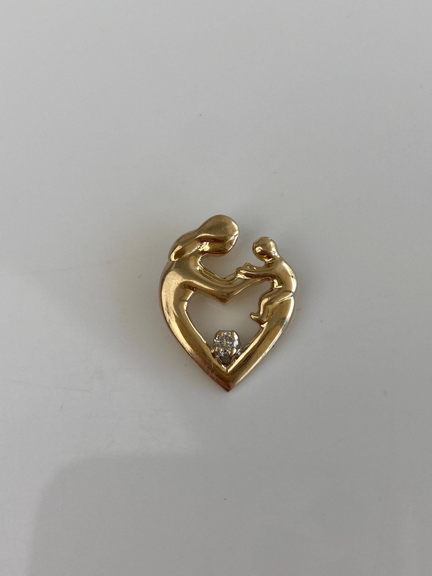 Vintage Solid 14k Yellow Gold Diamond Abstract Family Mother & Child Heart Charm