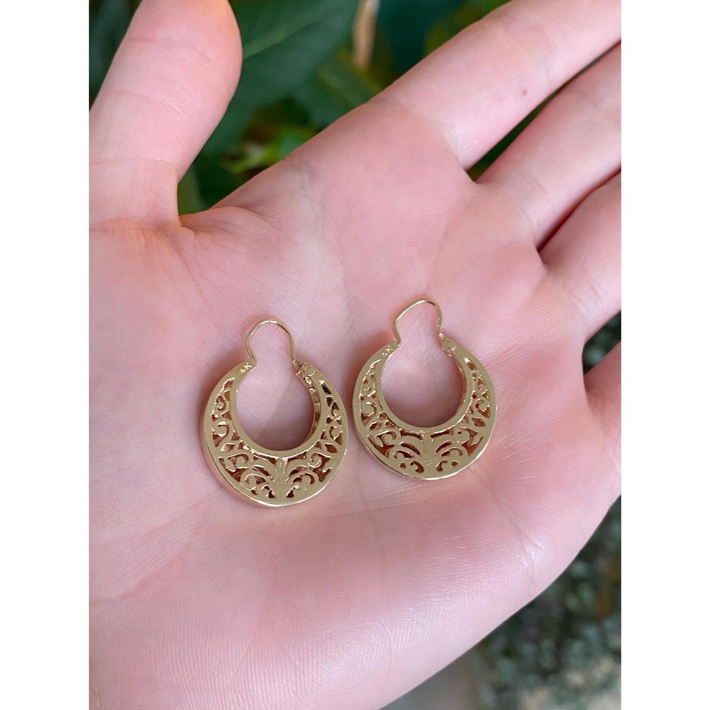 Vintage Solid 14k Yellow Gold Open Work Hoop Earrings