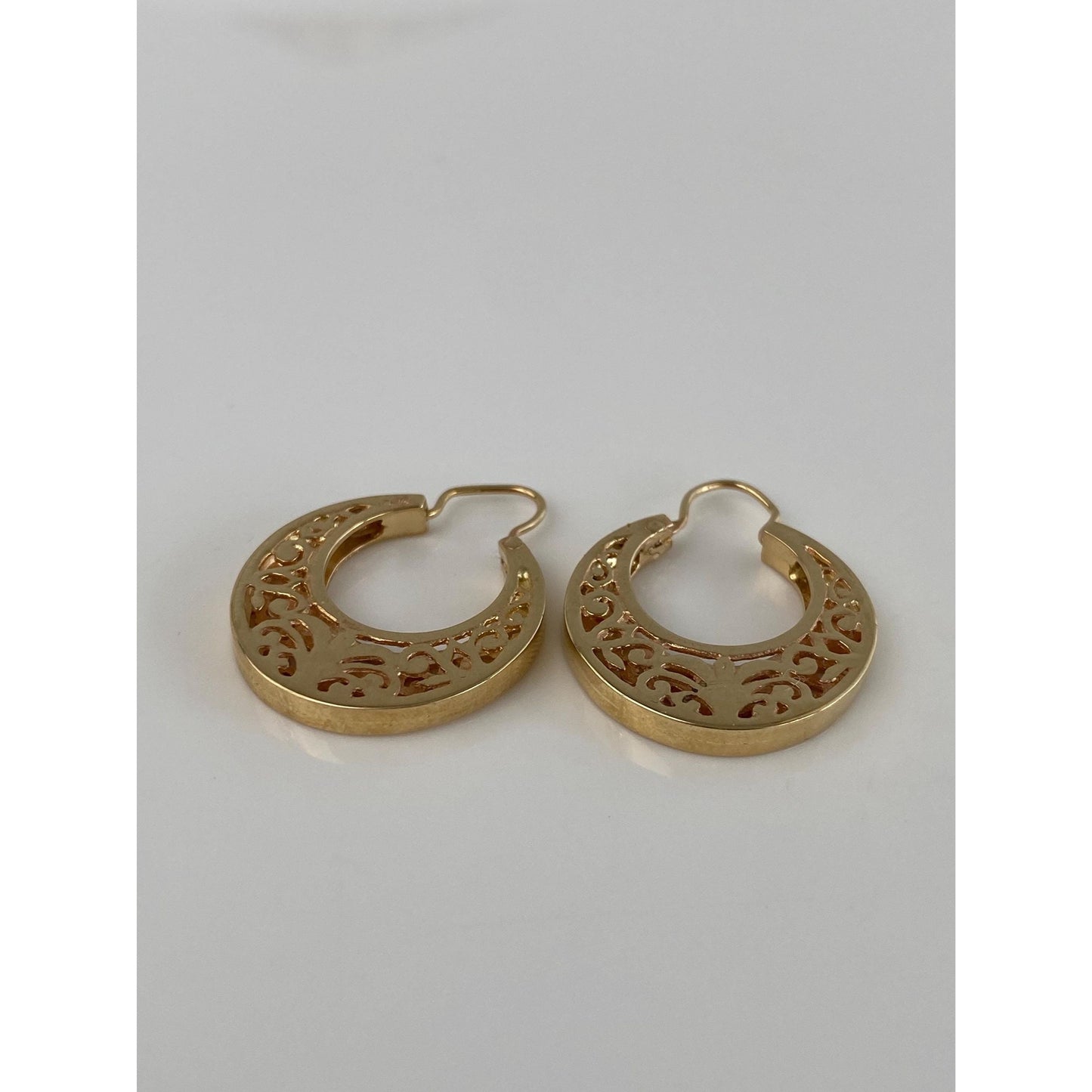 Vintage Solid 14k Yellow Gold Open Work Hoop Earrings