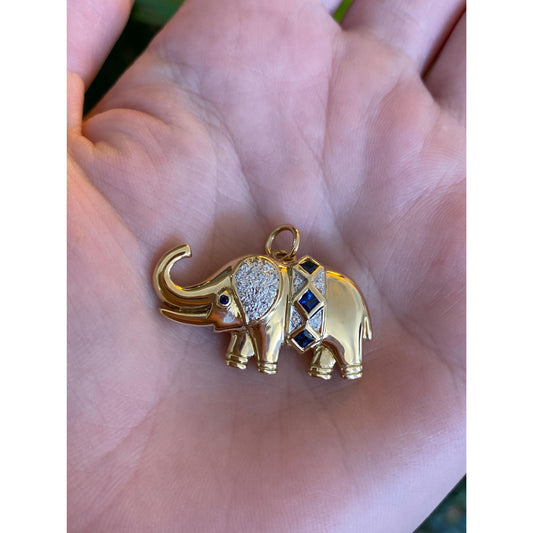 Vintage Solid 18k White & Yellow Gold Diamond Blue Sapphire Elephant Brooch Charm