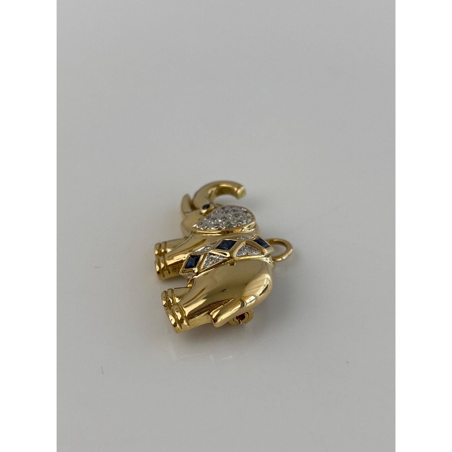Vintage Solid 18k White & Yellow Gold Diamond Blue Sapphire Elephant Brooch Charm