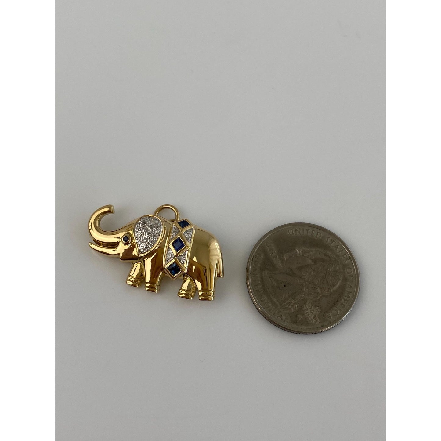 Vintage Solid 18k White & Yellow Gold Diamond Blue Sapphire Elephant Brooch Charm
