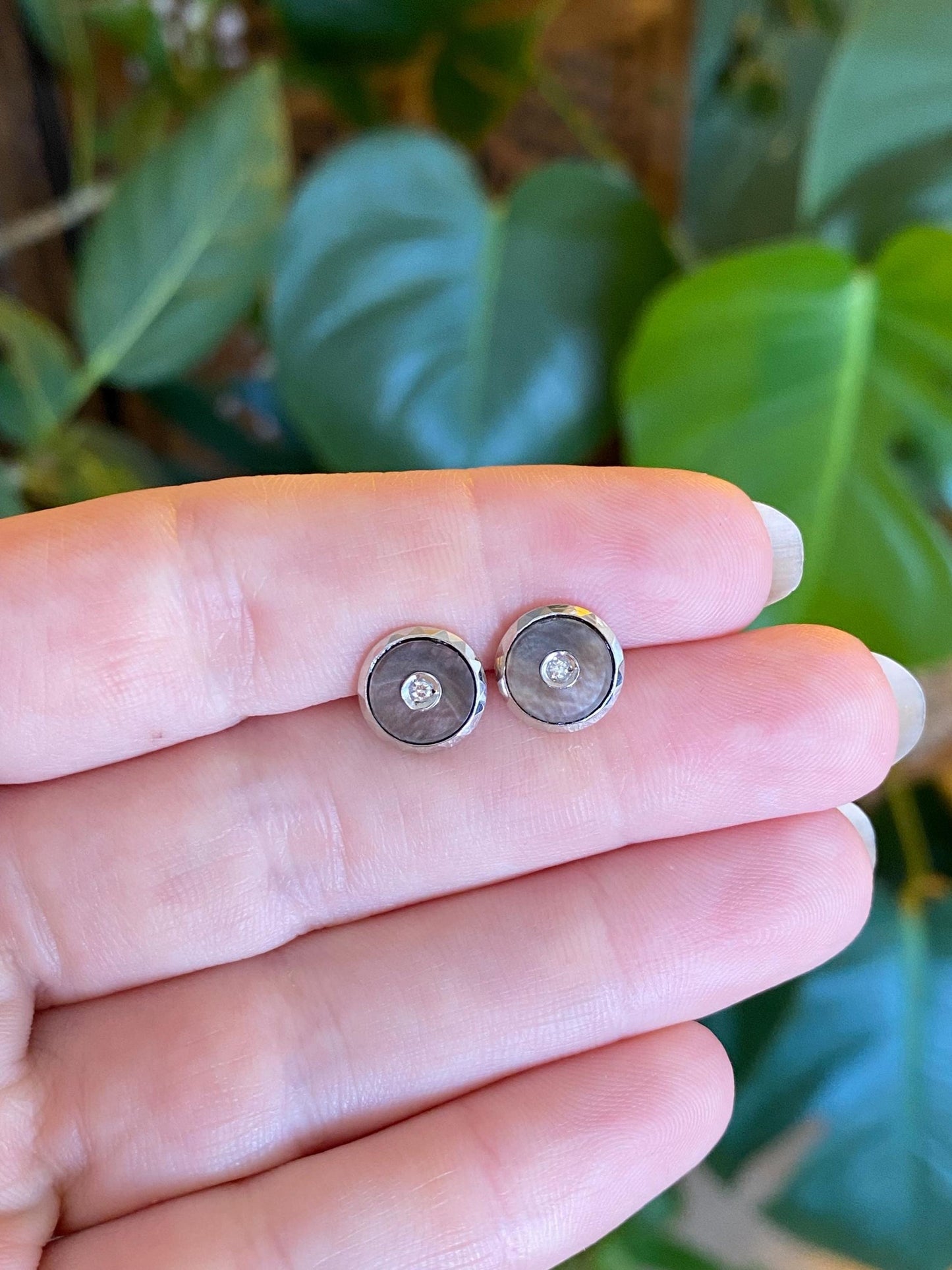 Vintage Platinum & 14k Yellow Gold Diamond Abalone Cufflink Stud Earrings