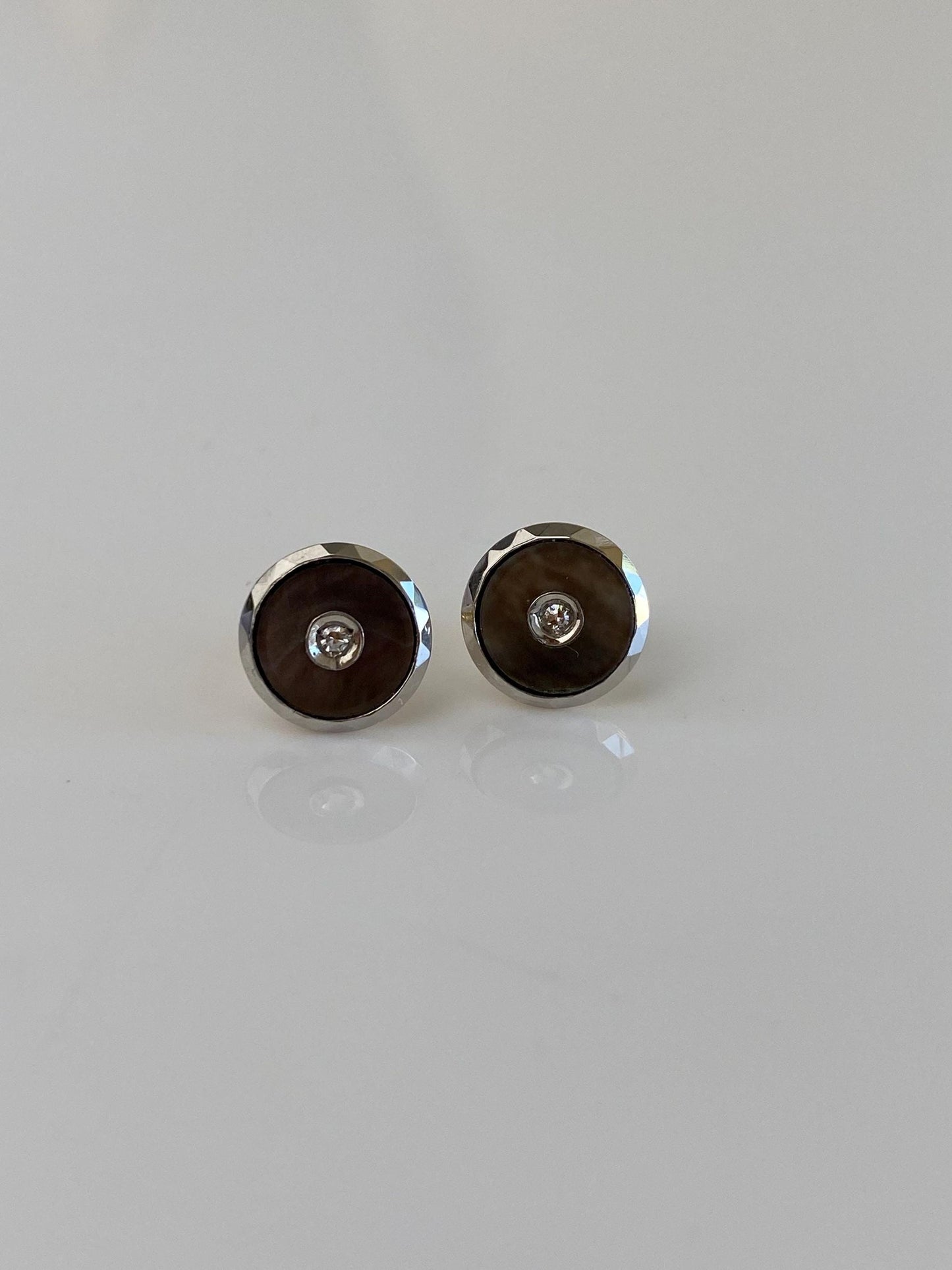 Vintage Platinum & 14k Yellow Gold Diamond Abalone Cufflink Stud Earrings