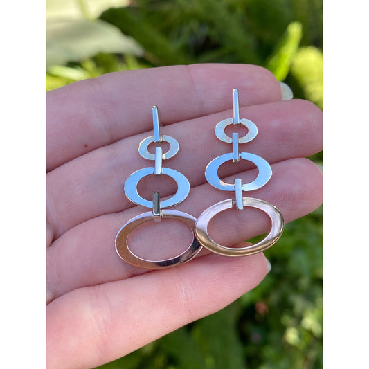 Vintage Solid 14k Tri Tone Gold Concentric Oval Dangle Stud Earrings