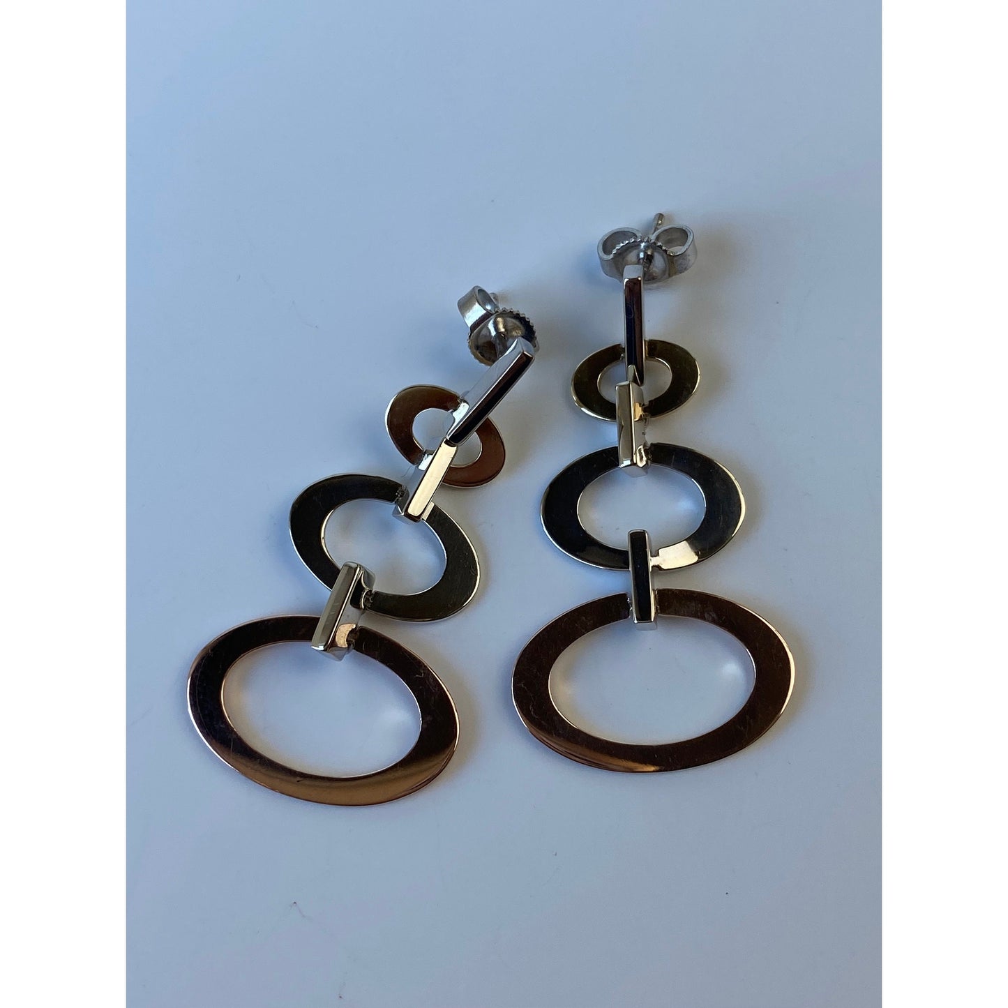 Vintage Solid 14k Tri Tone Gold Concentric Oval Dangle Stud Earrings