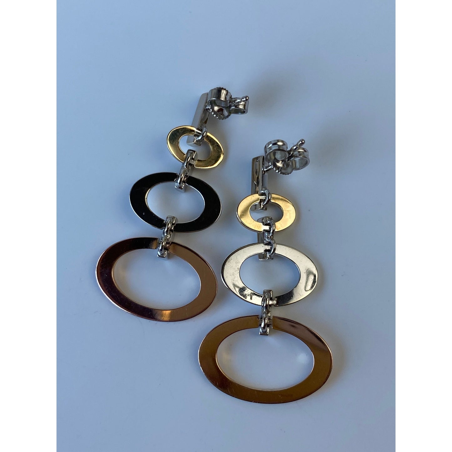 Vintage Solid 14k Tri Tone Gold Concentric Oval Dangle Stud Earrings