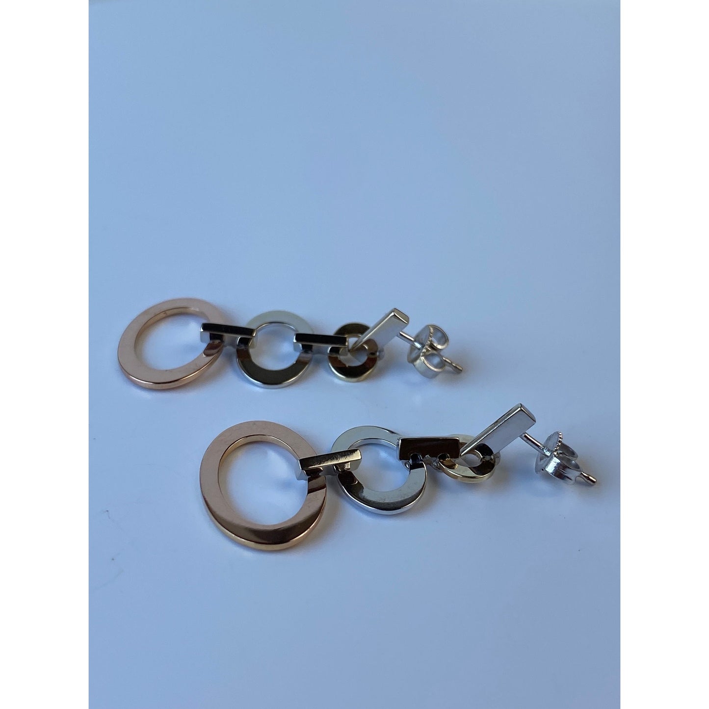 Vintage Solid 14k Tri Tone Gold Concentric Oval Dangle Stud Earrings