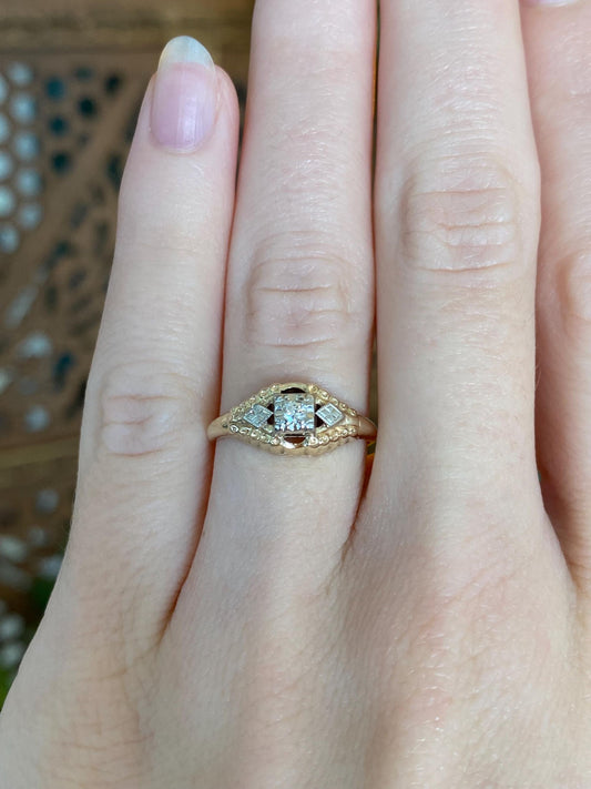 Vintage Solid 14k White & Yellow Gold Clear Sapphire Ring - Size 5.5