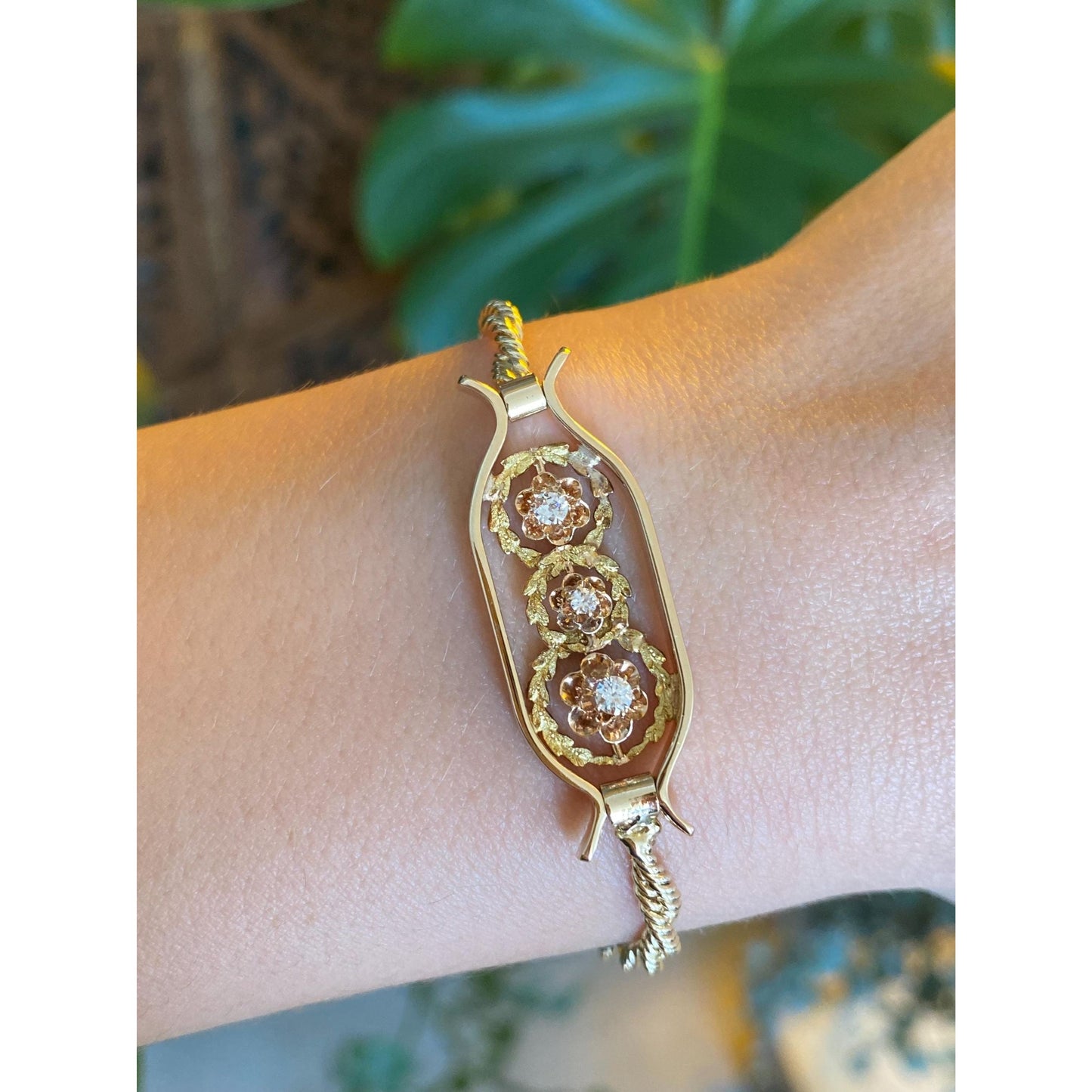 Vintage Solid 14k Yellow Gold Diamond Flowers Twist Rope Chain ID Style Bracelet - 6.75 inches