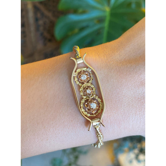 Vintage Solid 14k Yellow Gold Diamond Flowers Twist Rope Chain ID Style Bracelet - 6.75 inches