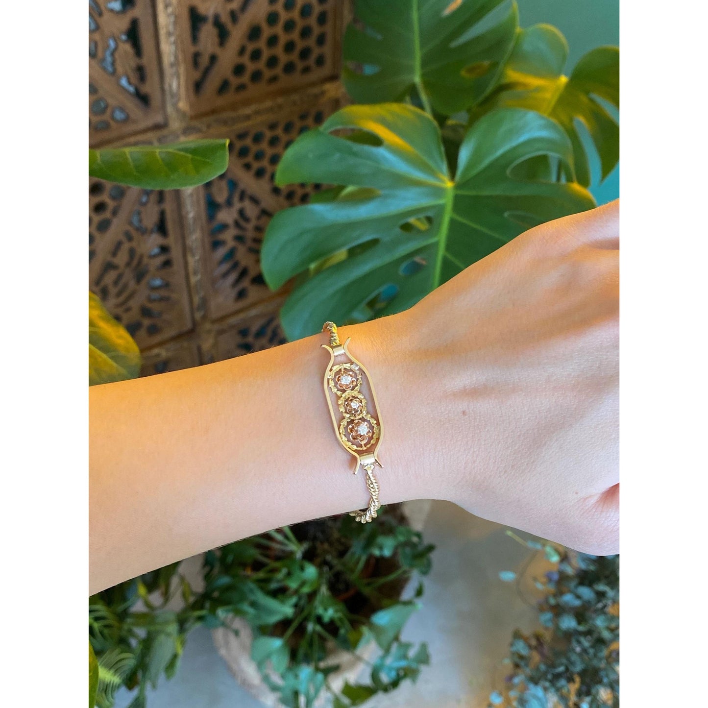 Vintage Solid 14k Yellow Gold Diamond Flowers Twist Rope Chain ID Style Bracelet - 6.75 inches