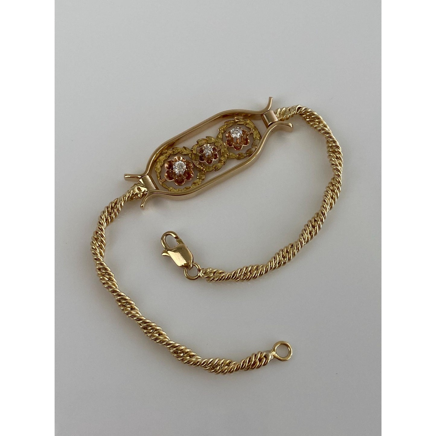 Vintage Solid 14k Yellow Gold Diamond Flowers Twist Rope Chain ID Style Bracelet - 6.75 inches
