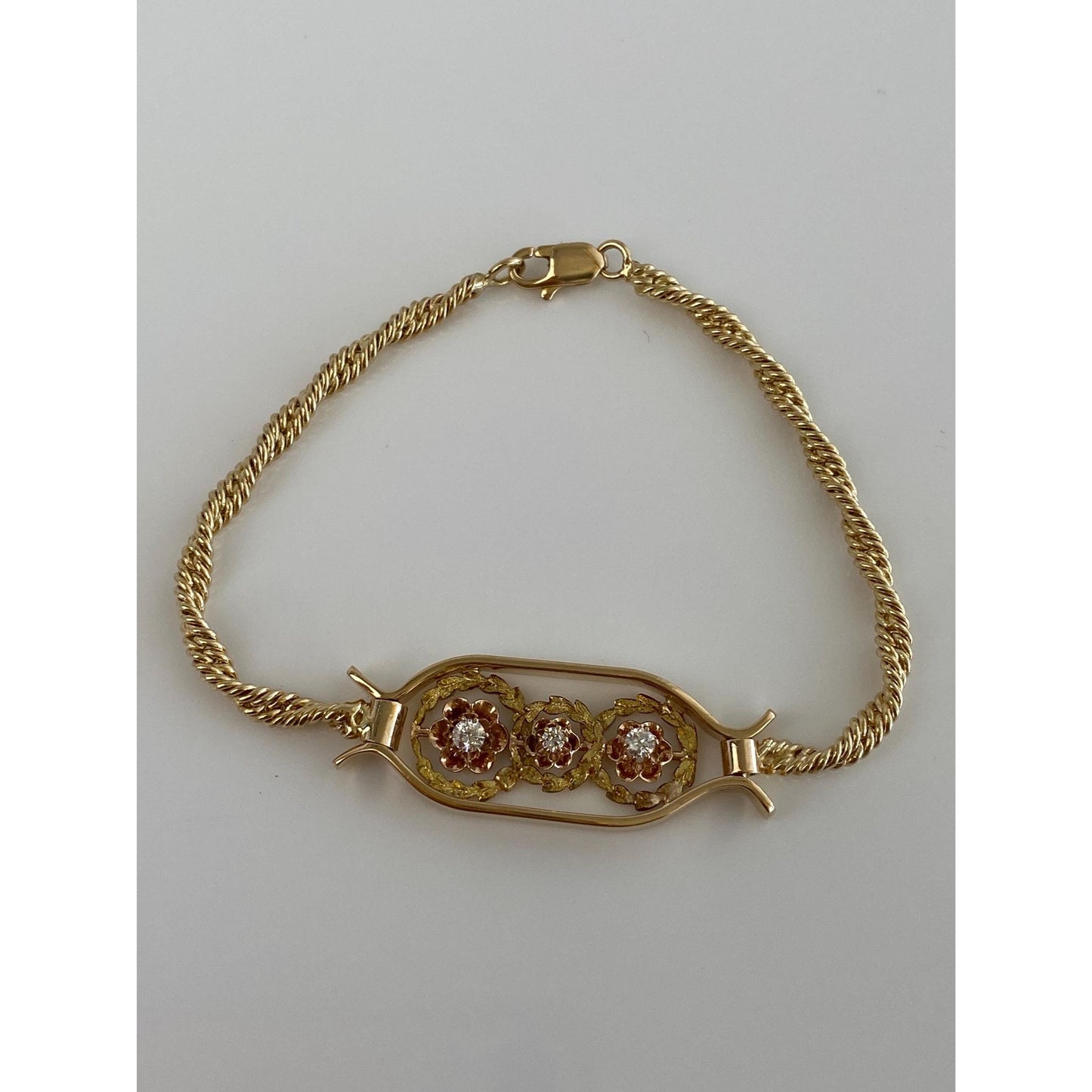 Vintage Solid 14k Yellow Gold Diamond Flowers Twist Rope Chain ID Style Bracelet - 6.75 inches