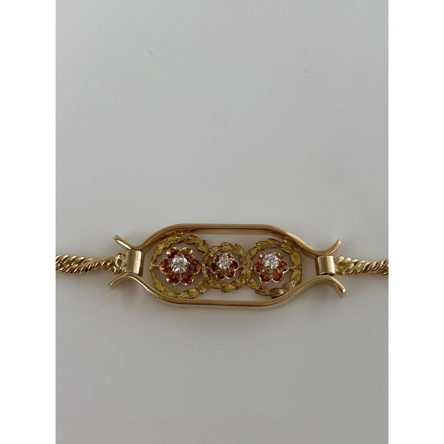 Vintage Solid 14k Yellow Gold Diamond Flowers Twist Rope Chain ID Style Bracelet - 6.75 inches