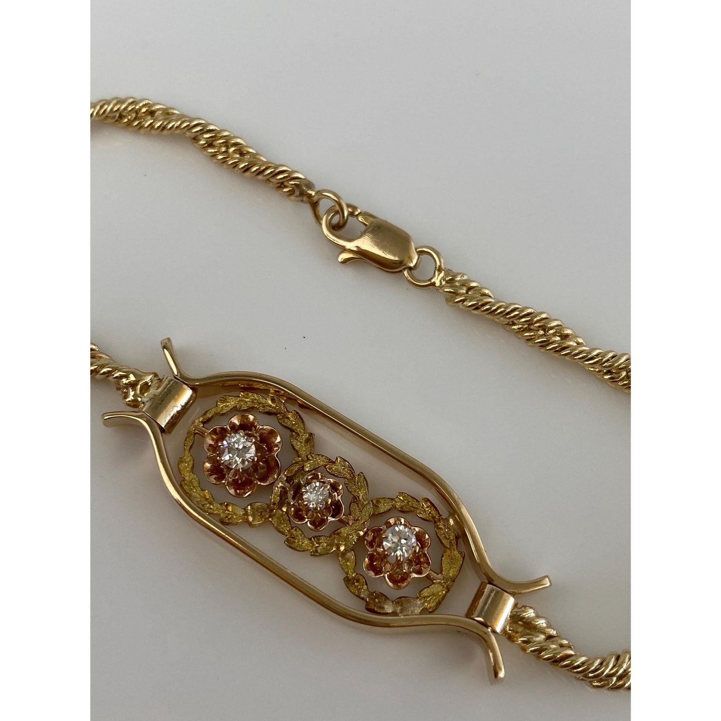 Vintage Solid 14k Yellow Gold Diamond Flowers Twist Rope Chain ID Style Bracelet - 6.75 inches