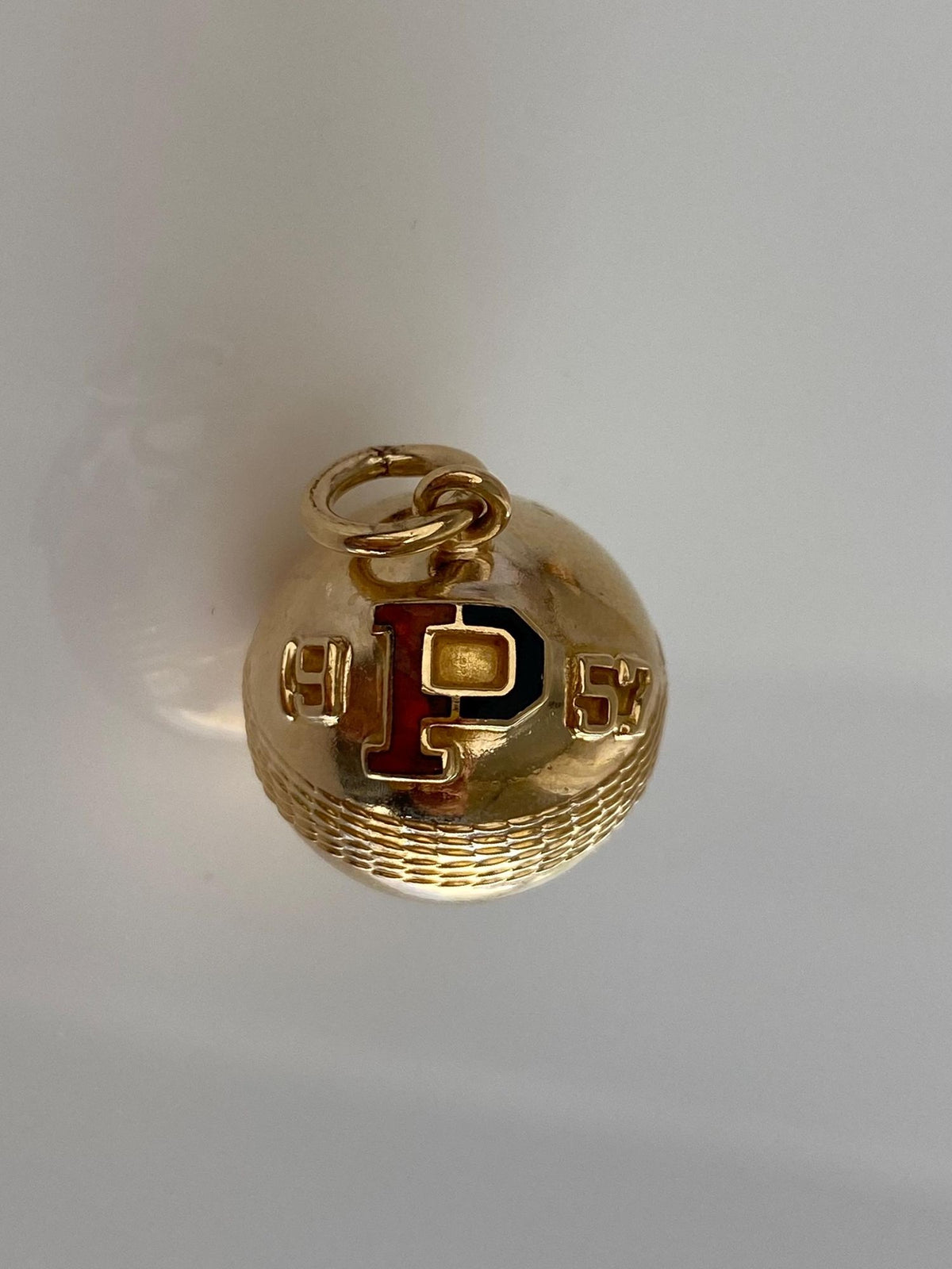 Vintage 10k Yellow Gold 1957 Orange Black Enamel 'P' Ball Charm