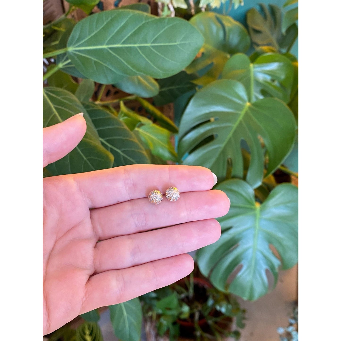 Vintage Solid 14k Yellow Gold Diamond Cluster Ball Stud Earrings