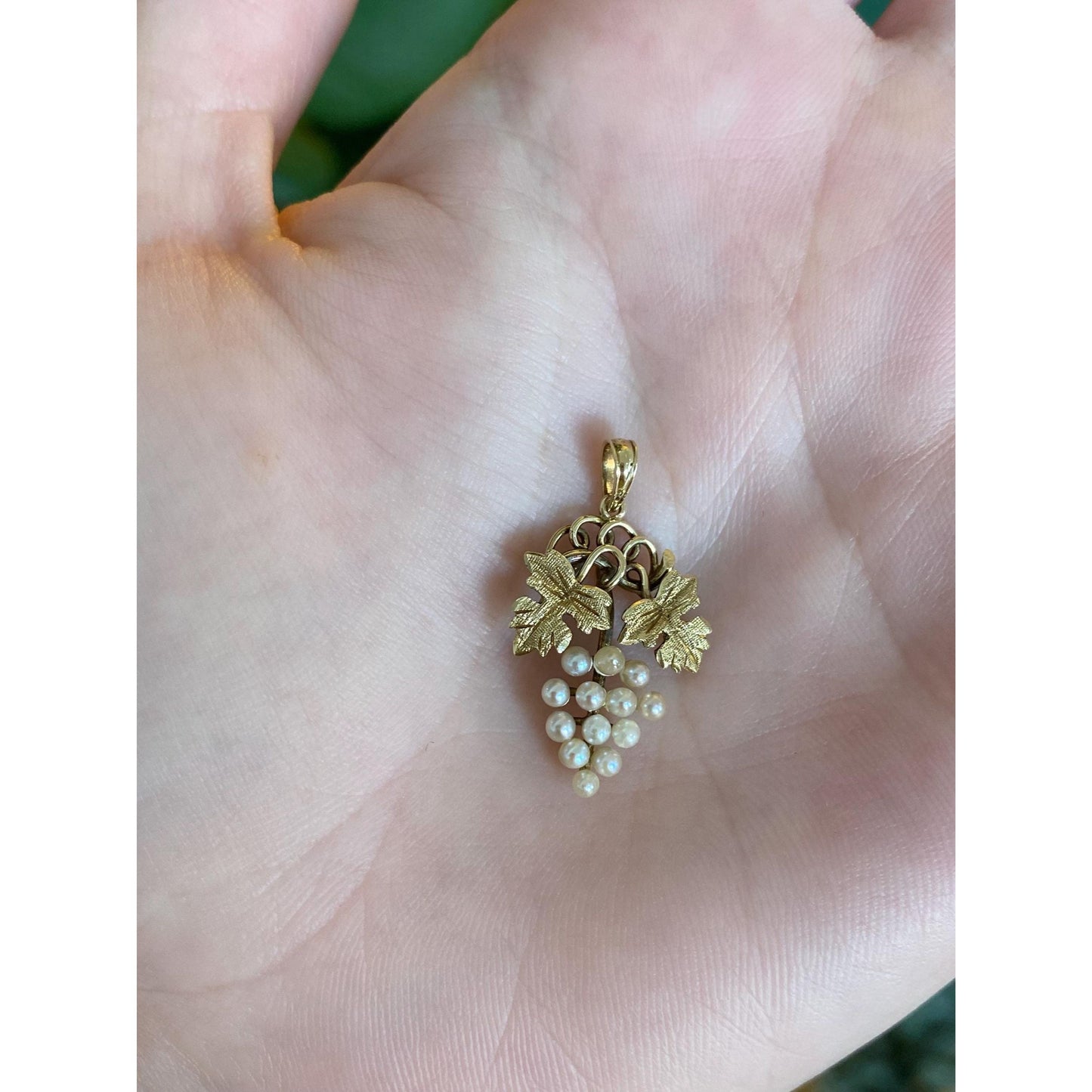 Vintage Solid 14k Yellow Gold Pearls Grape Leaves Charm
