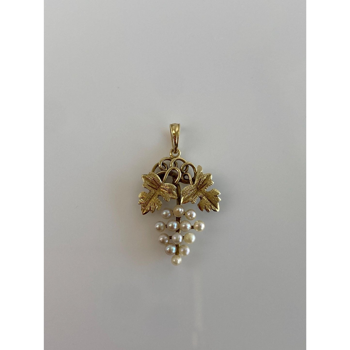 Vintage Solid 14k Yellow Gold Pearls Grape Leaves Charm