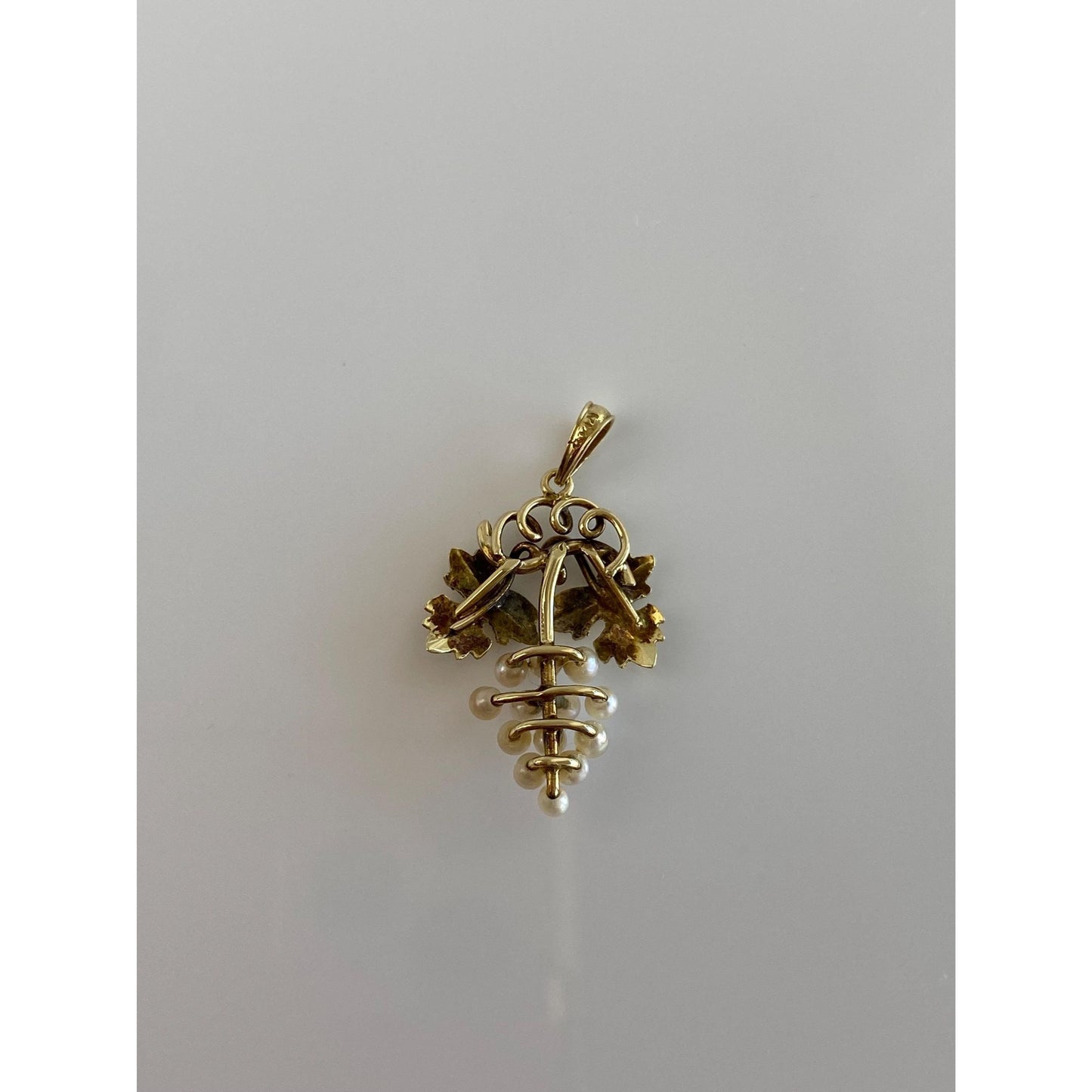 Vintage Solid 14k Yellow Gold Pearls Grape Leaves Charm