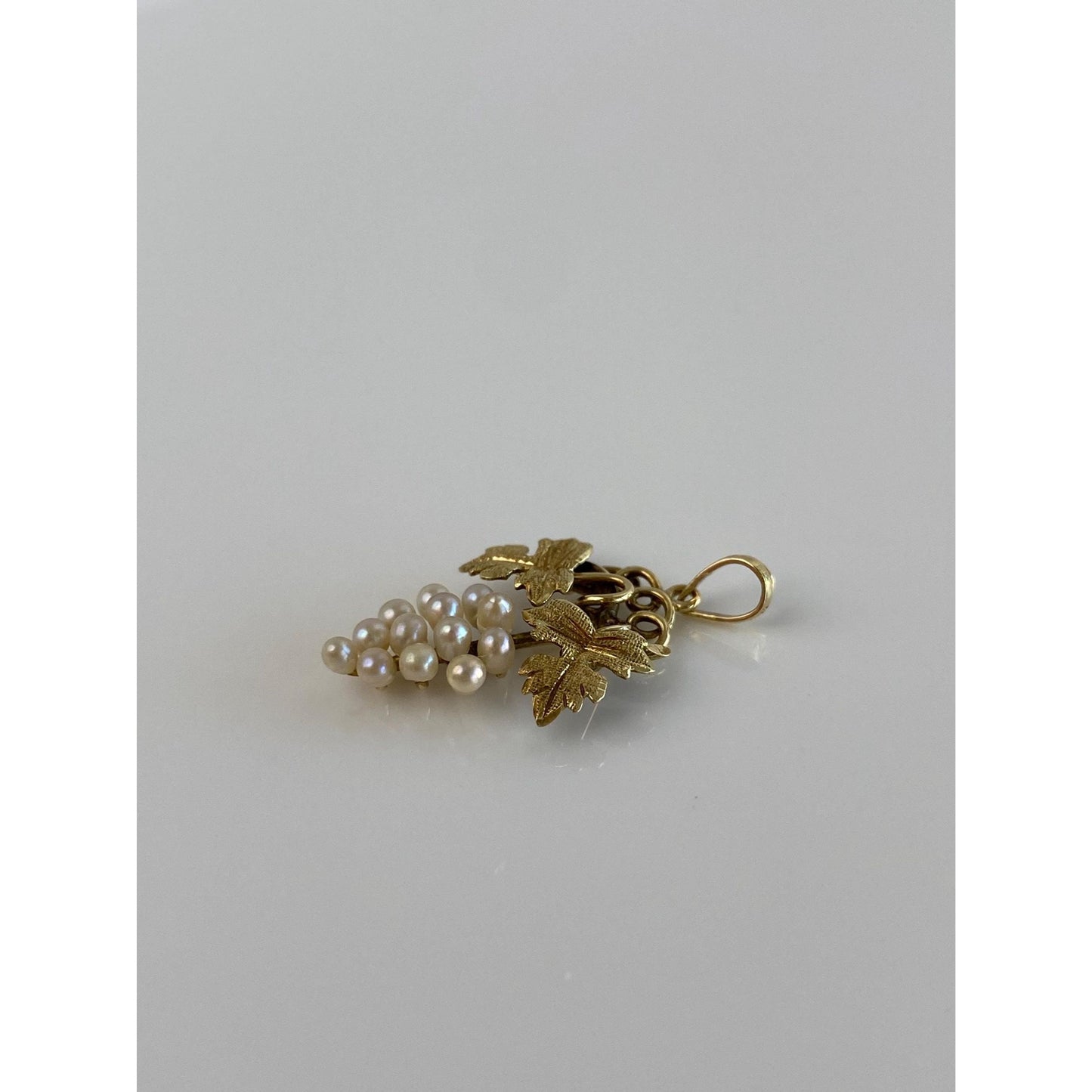 Vintage Solid 14k Yellow Gold Pearls Grape Leaves Charm