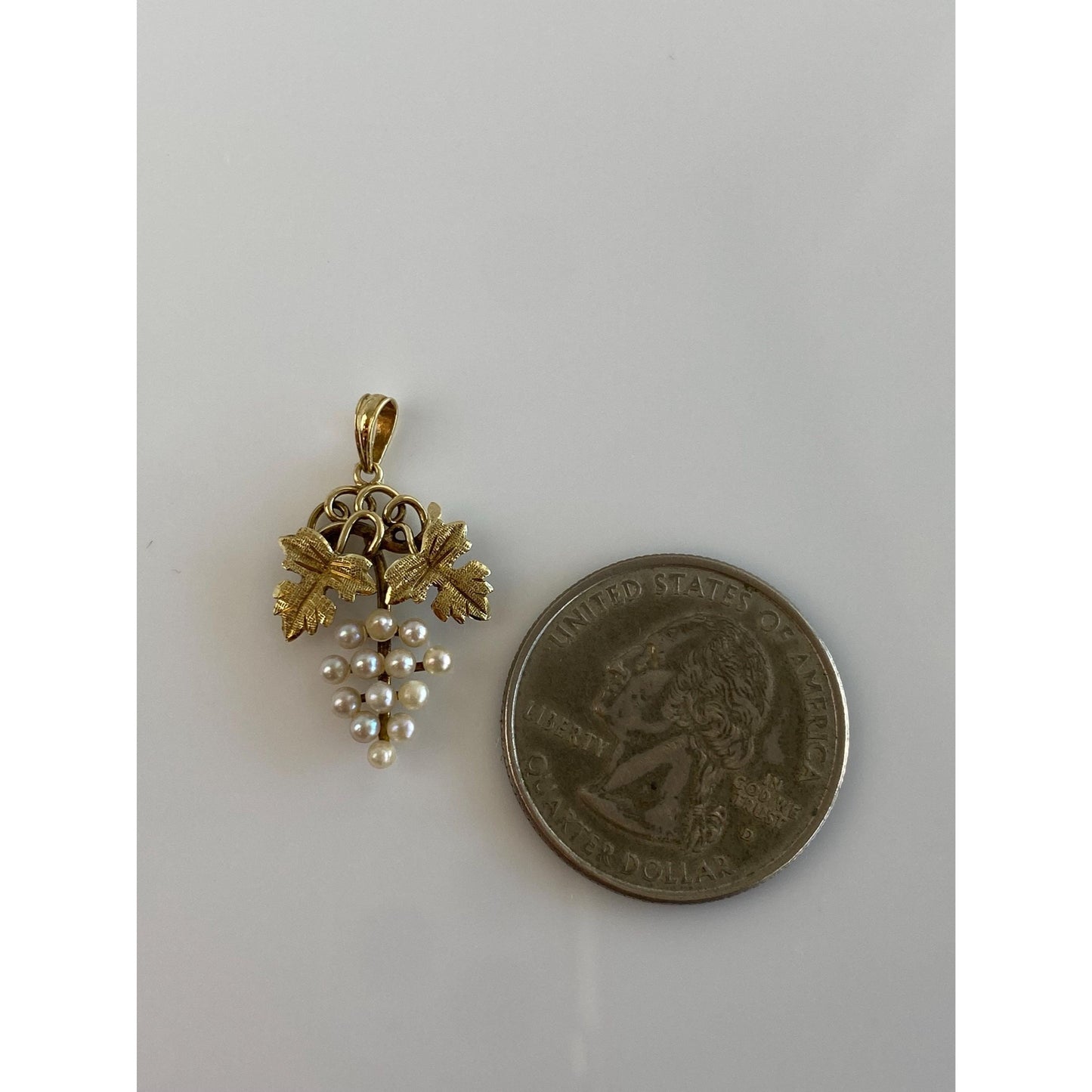 Vintage Solid 14k Yellow Gold Pearls Grape Leaves Charm