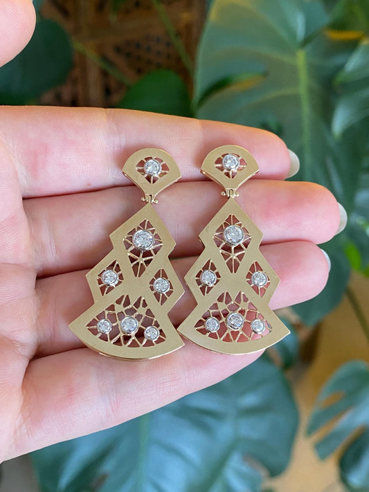 Vintage Solid 14k Yellow Gold Diamonds Open Work Dangle Stud Earrings