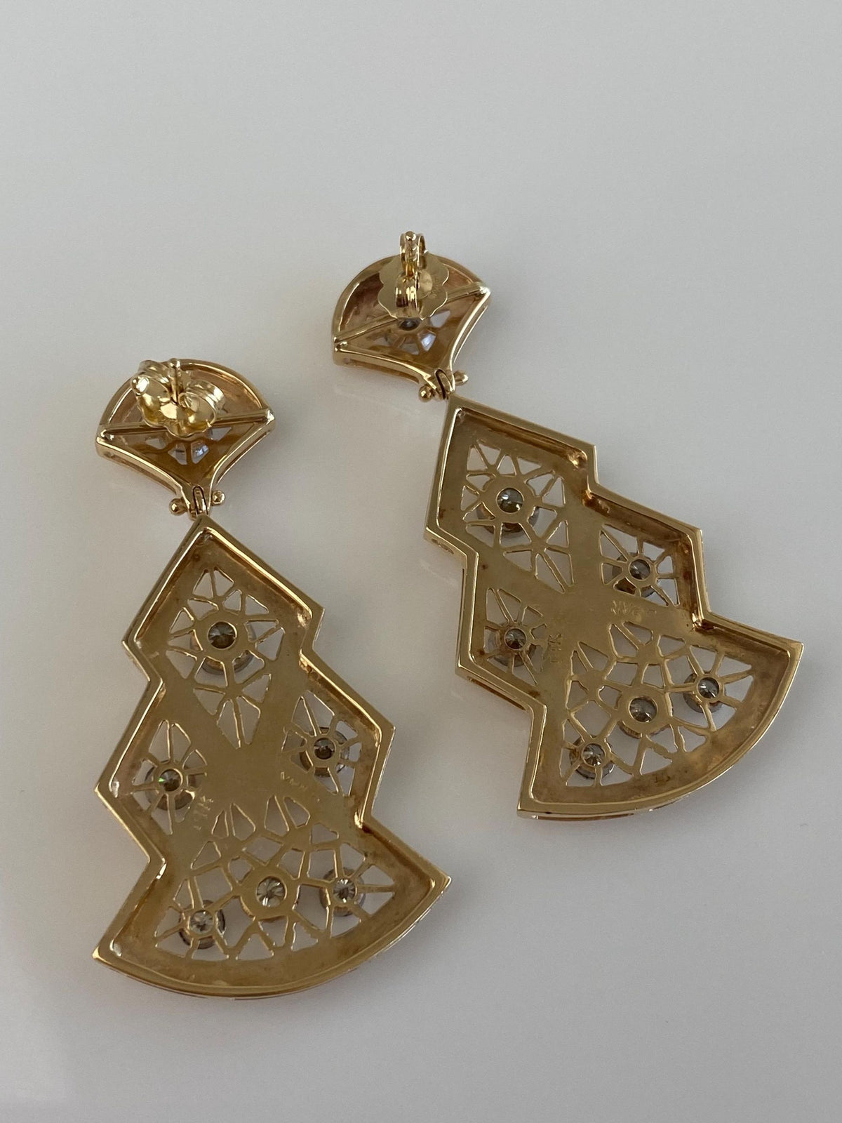 Vintage Solid 14k Yellow Gold Diamonds Open Work Dangle Stud Earrings