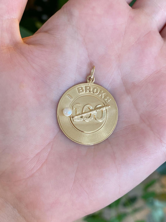 Vintage Solid 14k Yellow Gold Pearl 'I Broke 100' Golf Charm