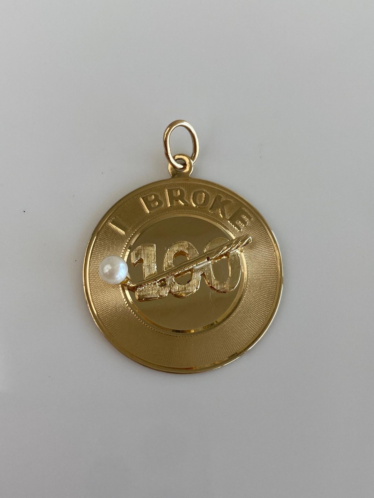 Vintage Solid 14k Yellow Gold Pearl 'I Broke 100' Golf Charm