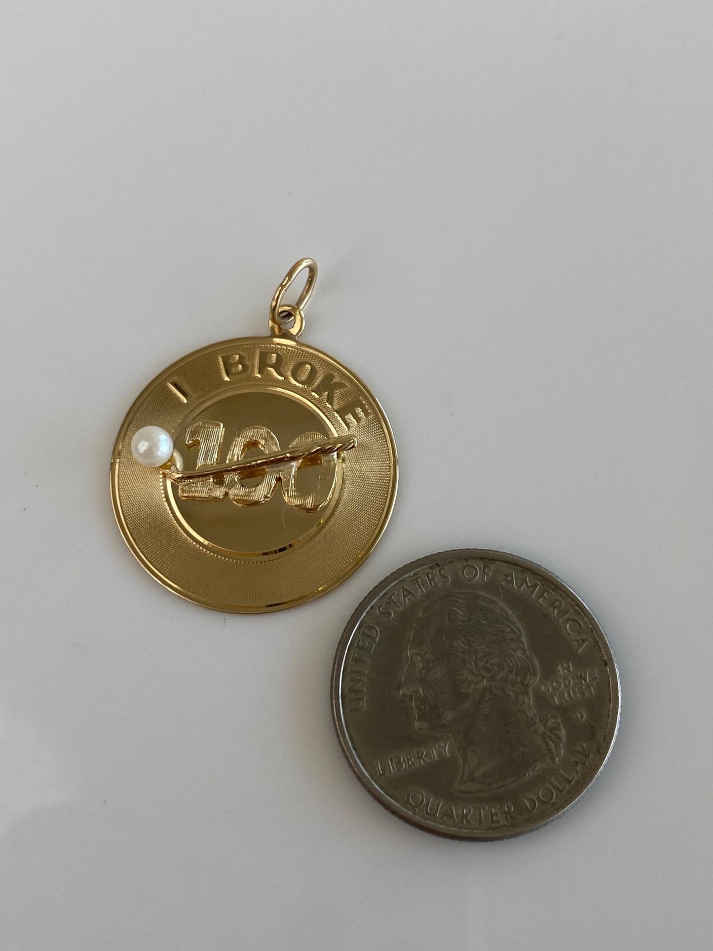 Vintage Solid 14k Yellow Gold Pearl 'I Broke 100' Golf Charm