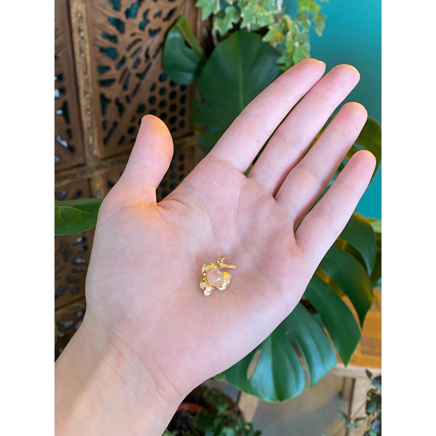 Solid 18k Yellow Gold Rose Quartz Flower Charm
