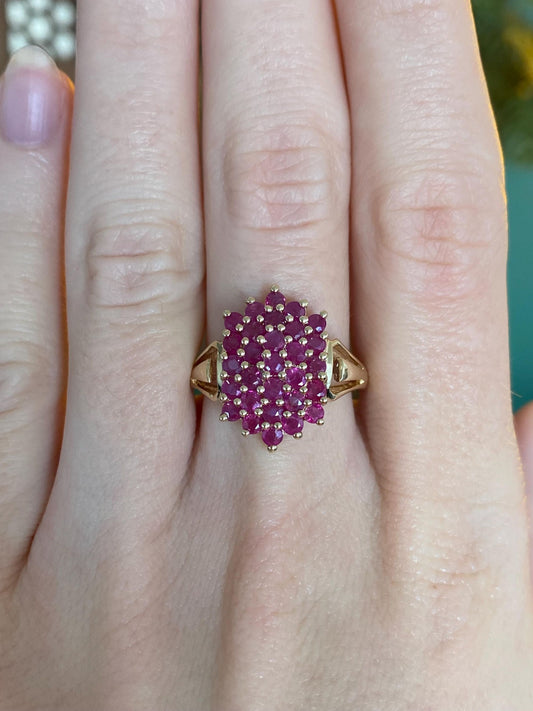 Vintage Solid 14k Yellow Gold Ruby Cluster Ring - Size 8