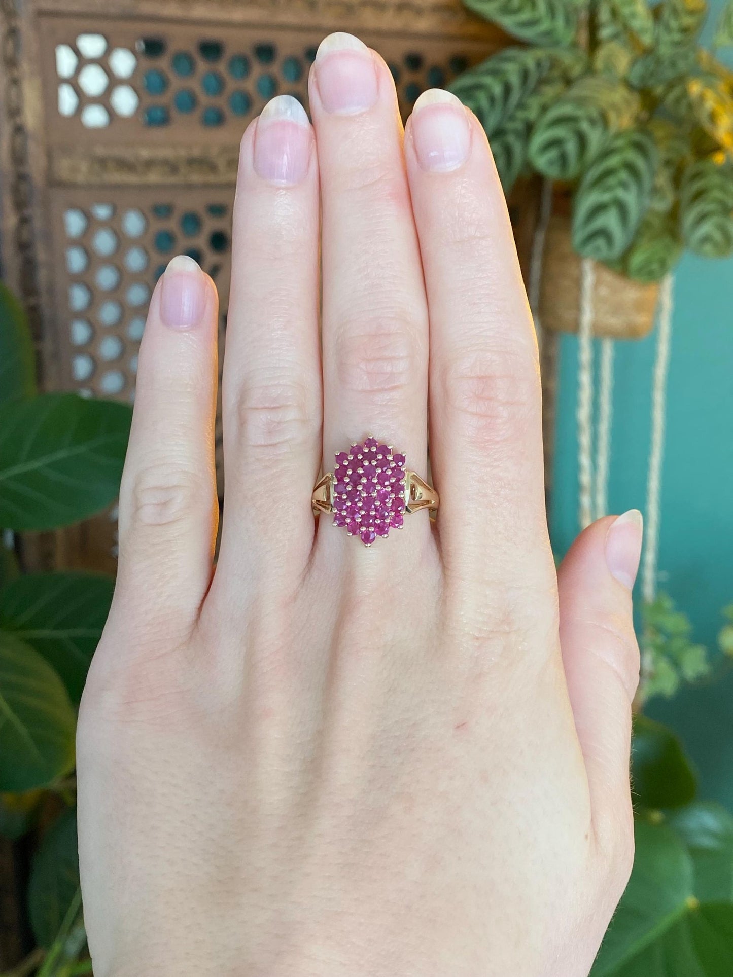 Vintage Solid 14k Yellow Gold Ruby Cluster Ring - Size 8