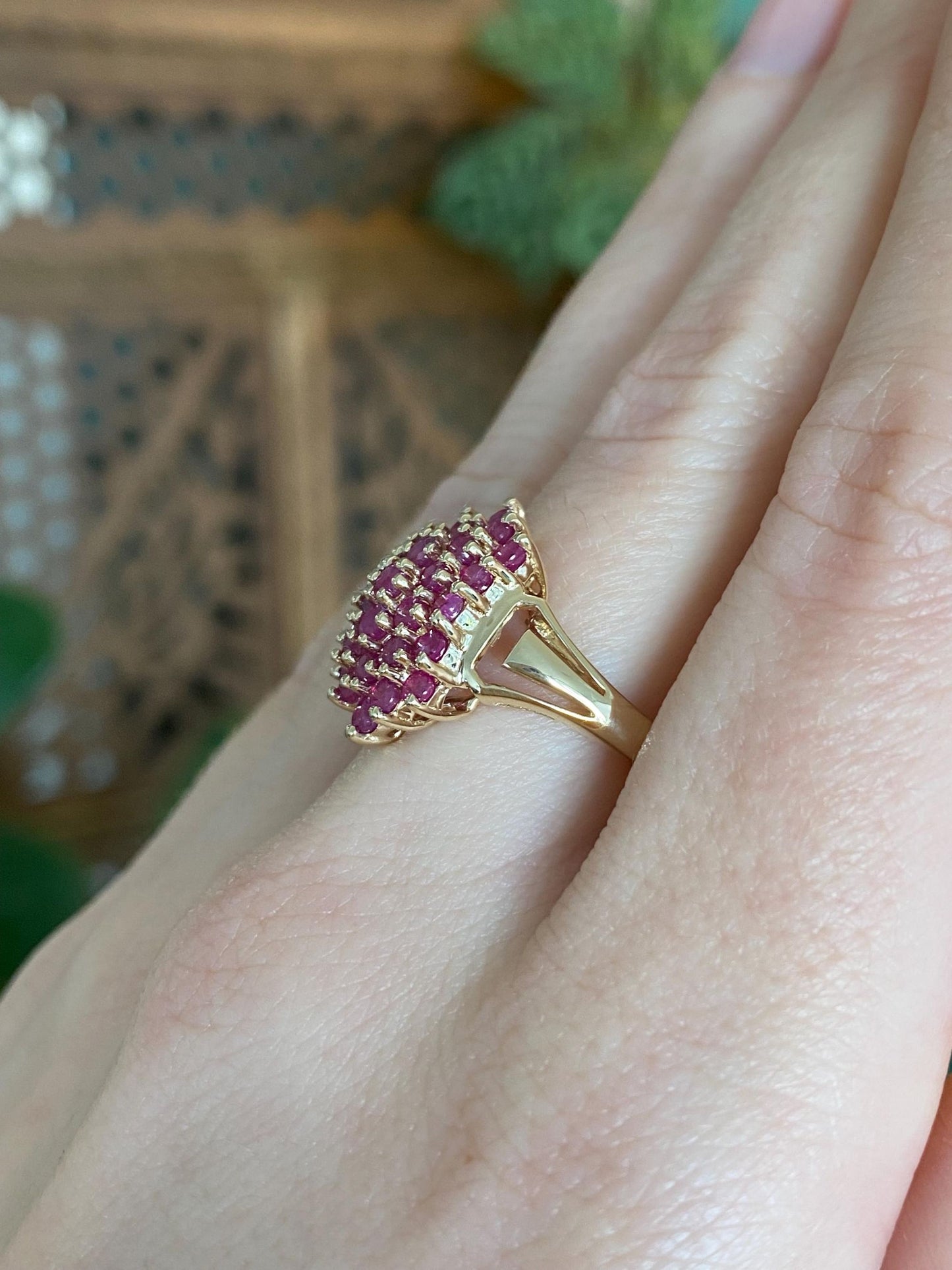 Vintage Solid 14k Yellow Gold Ruby Cluster Ring - Size 8