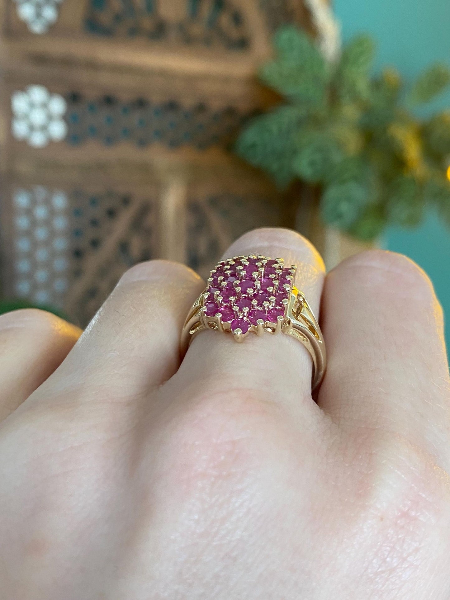Vintage Solid 14k Yellow Gold Ruby Cluster Ring - Size 8