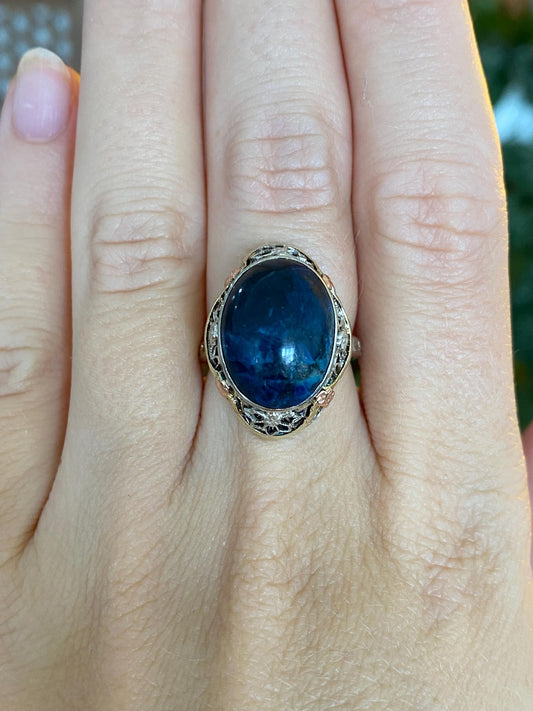 Vintage Solid 14k Tri Tone Gold Sodalite Floral Designed Ring - Size 6