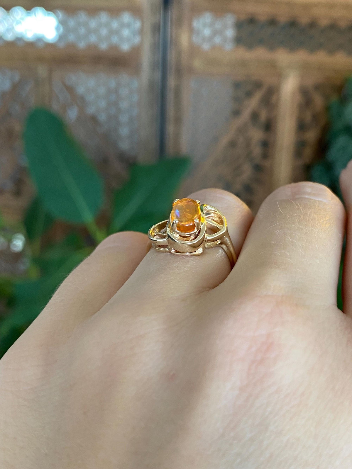 Vintage Solid 14k Yellow Gold Fire Opal Ring - Size 4.75