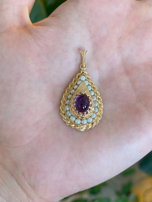 Vintage Solid 14k Yellow Gold Amethyst Cabochon Pearl Halo Teardrop Charm