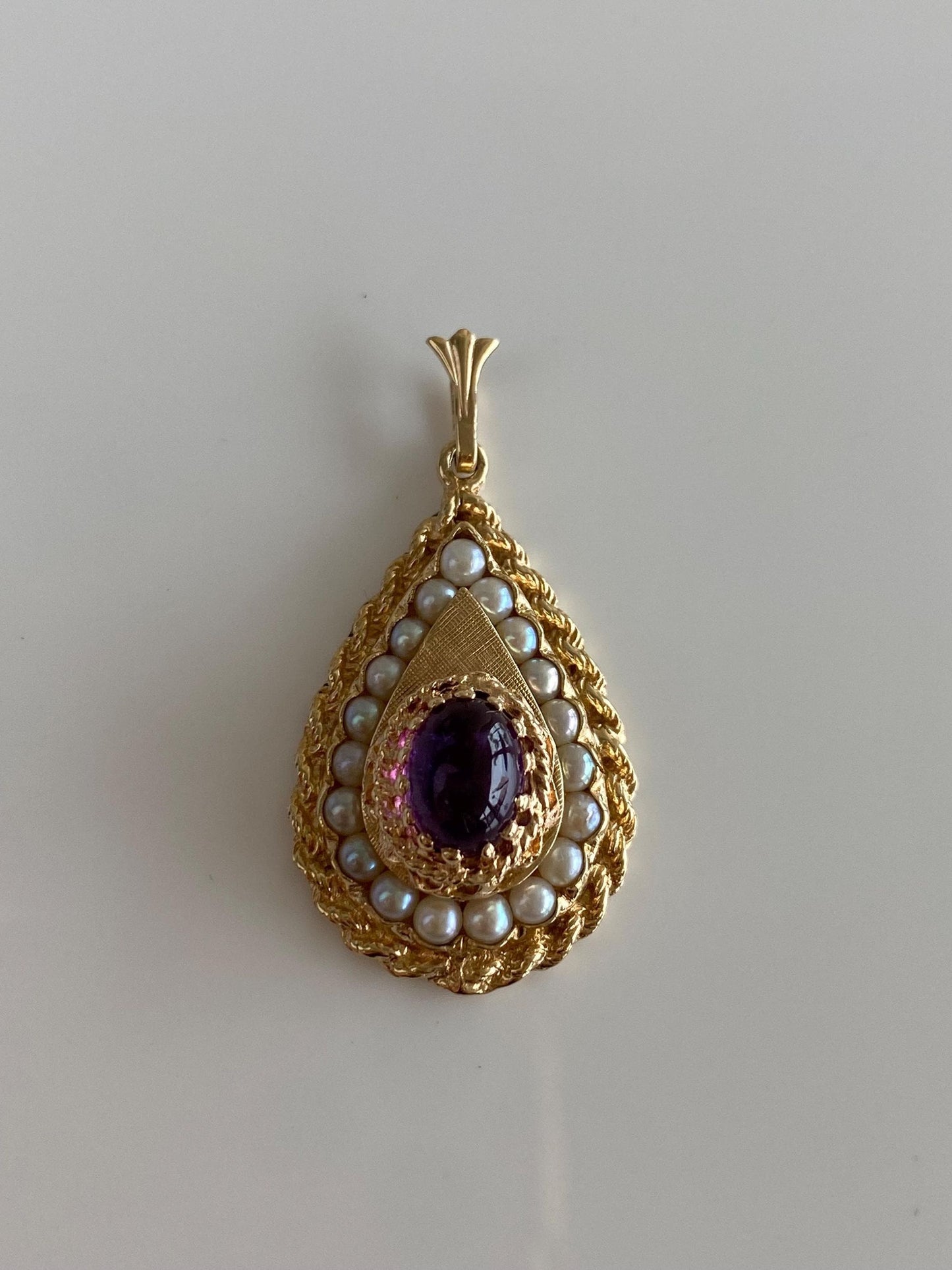 Vintage Solid 14k Yellow Gold Amethyst Cabochon Pearl Halo Teardrop Charm