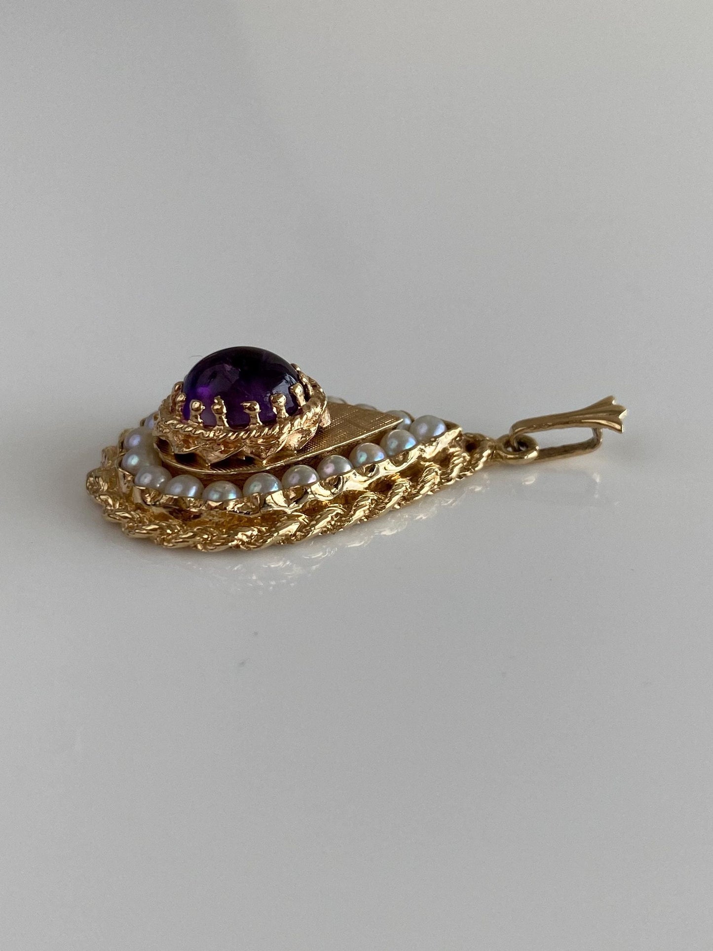 Vintage Solid 14k Yellow Gold Amethyst Cabochon Pearl Halo Teardrop Charm