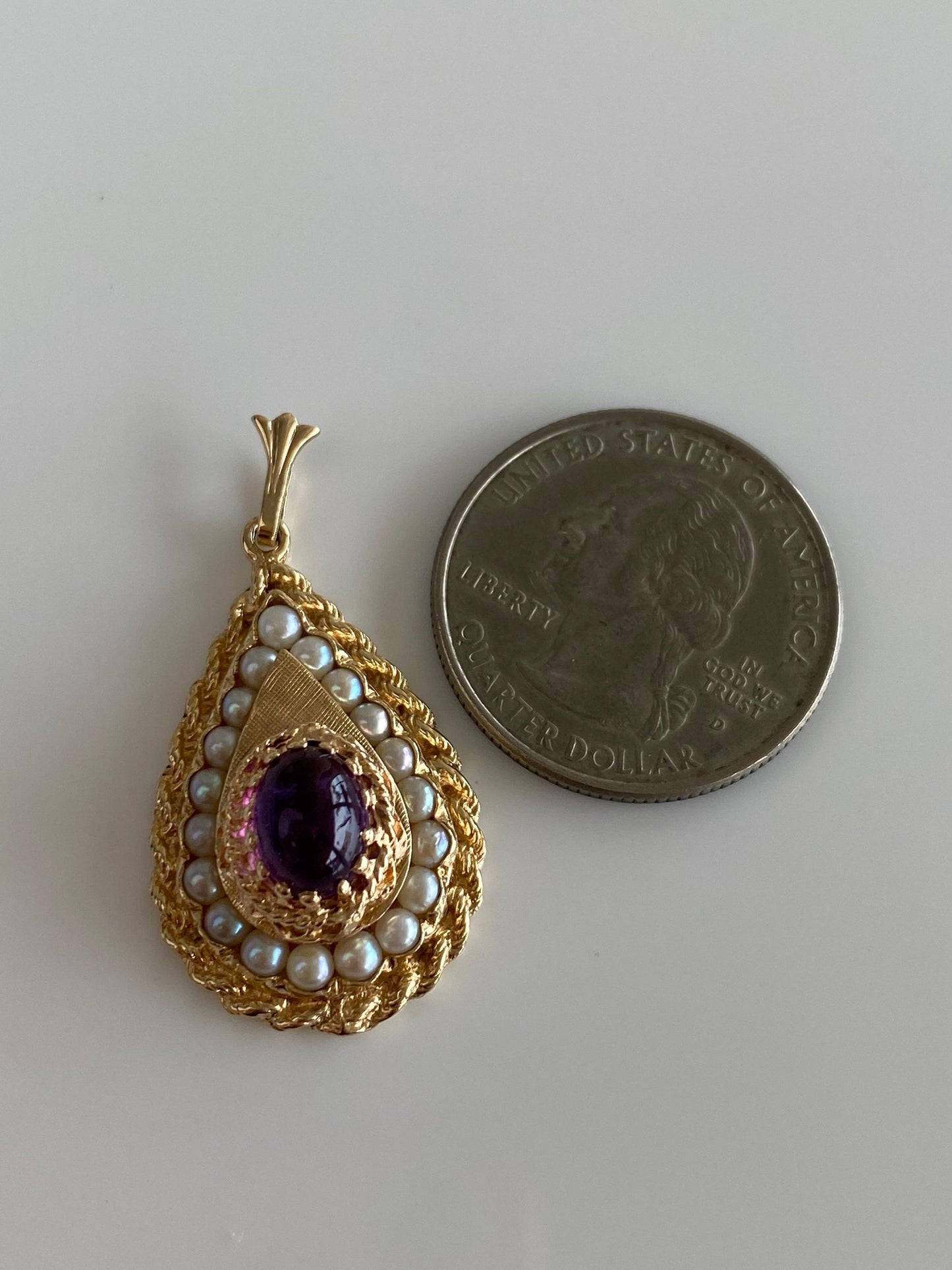 Vintage Solid 14k Yellow Gold Amethyst Cabochon Pearl Halo Teardrop Charm