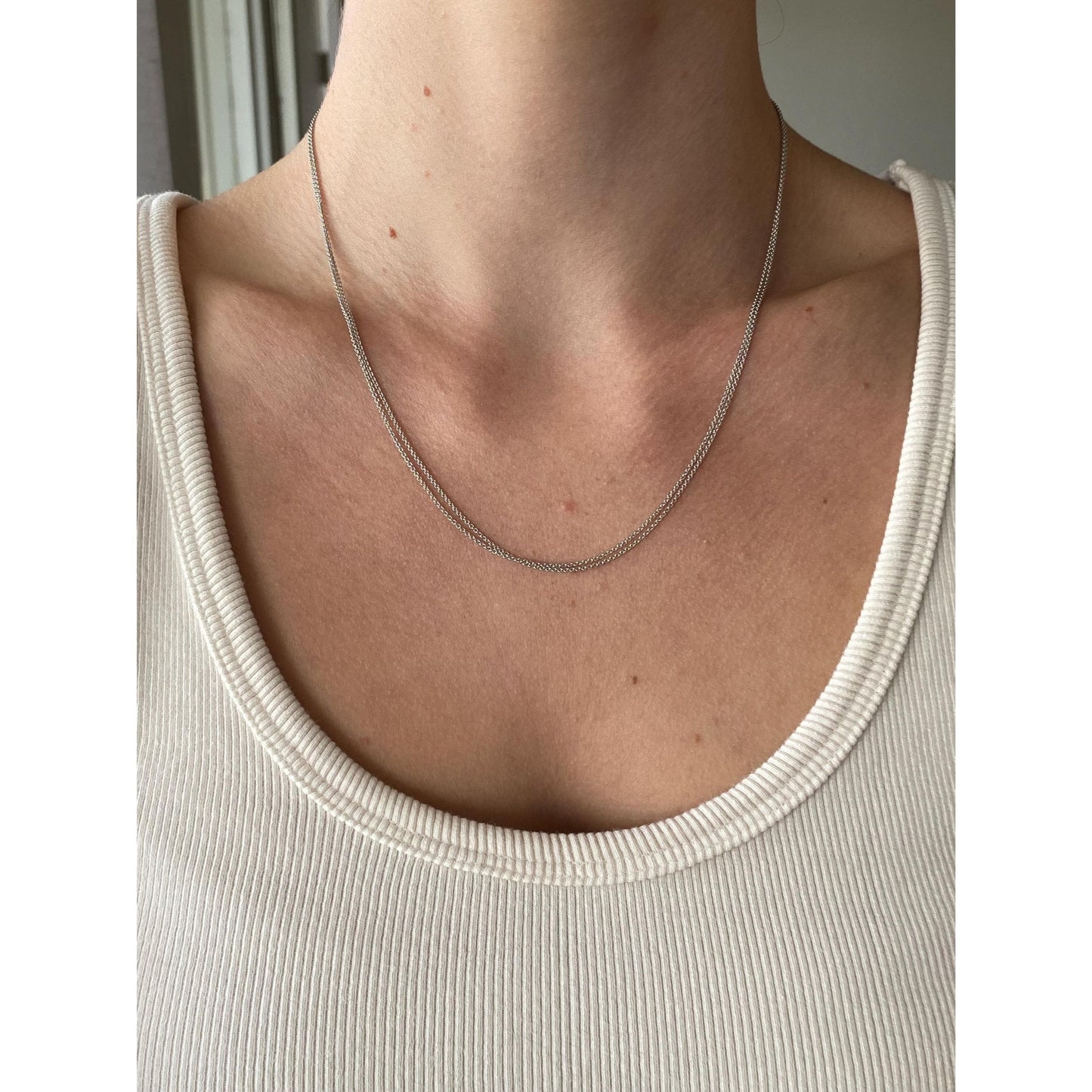 Solid 14k White Gold Double Strand Tight Rolo Chain Necklace - 18.25 inches