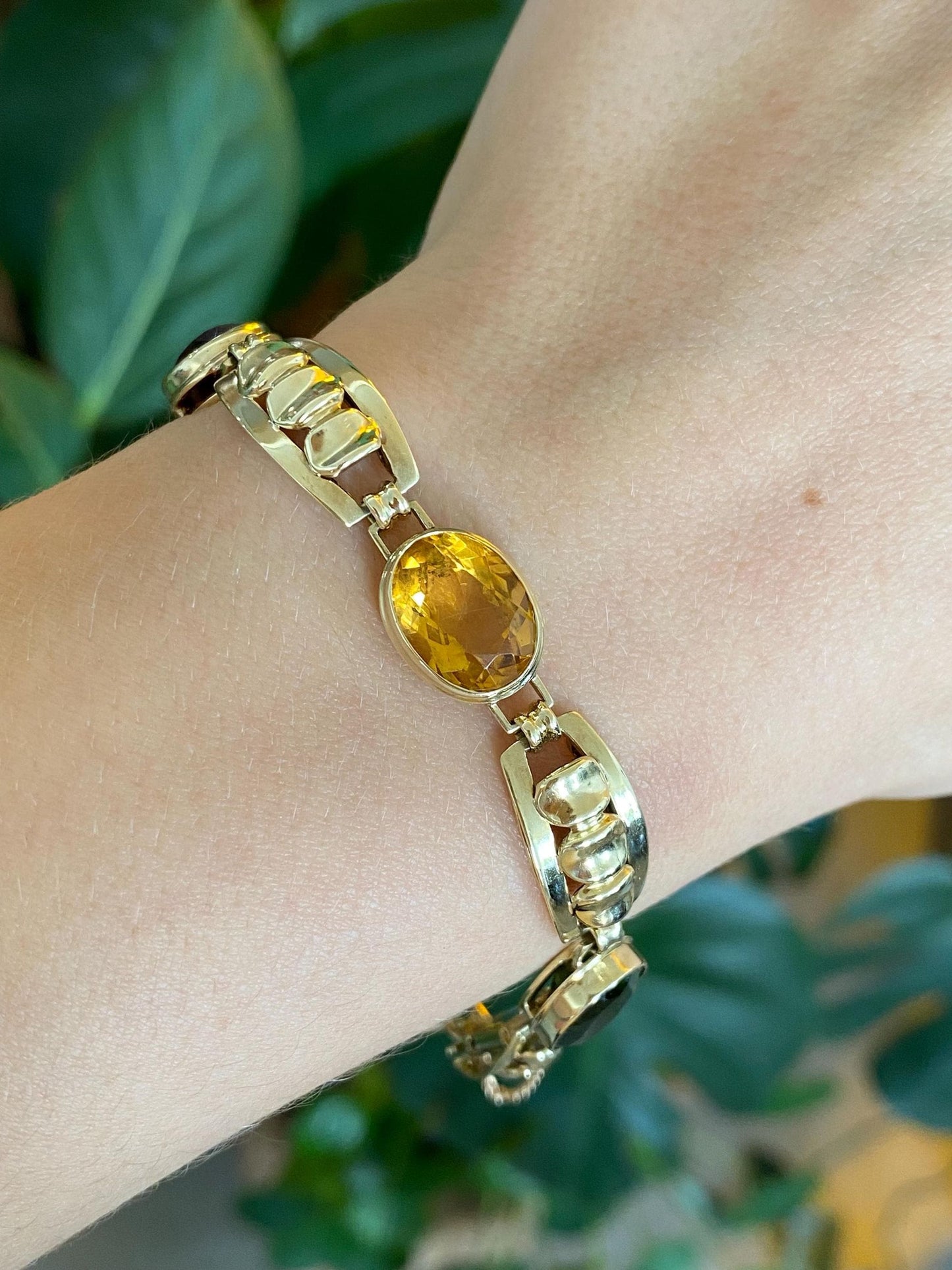 Vintage Solid 14k Yellow Gold Amethyst Citrine Garnet Green Tourmaline Link Bracelet - 7 inches