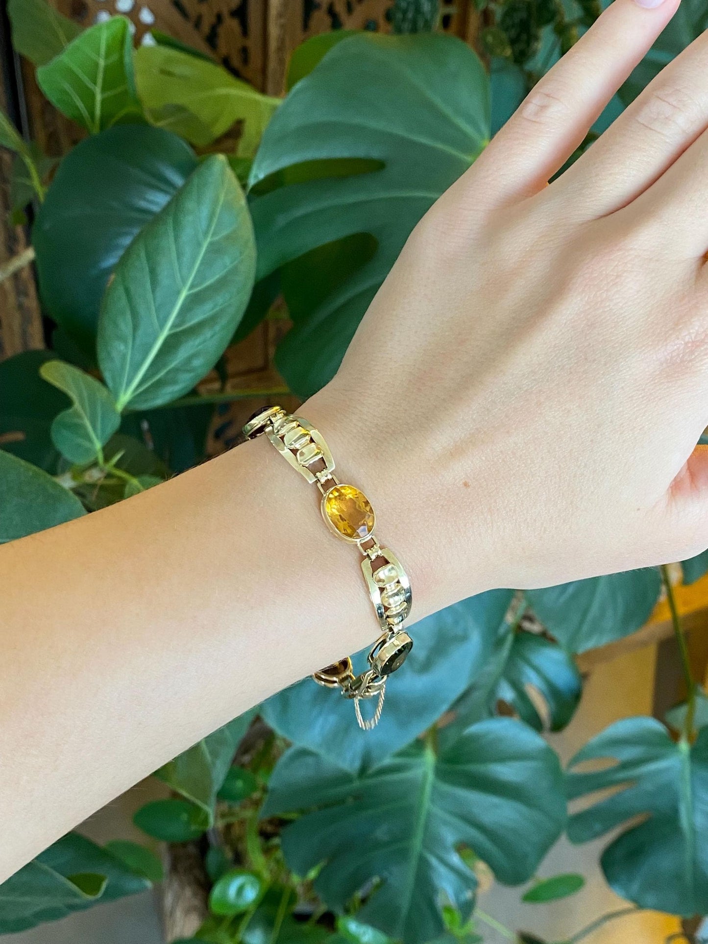 Vintage Solid 14k Yellow Gold Amethyst Citrine Garnet Green Tourmaline Link Bracelet - 7 inches