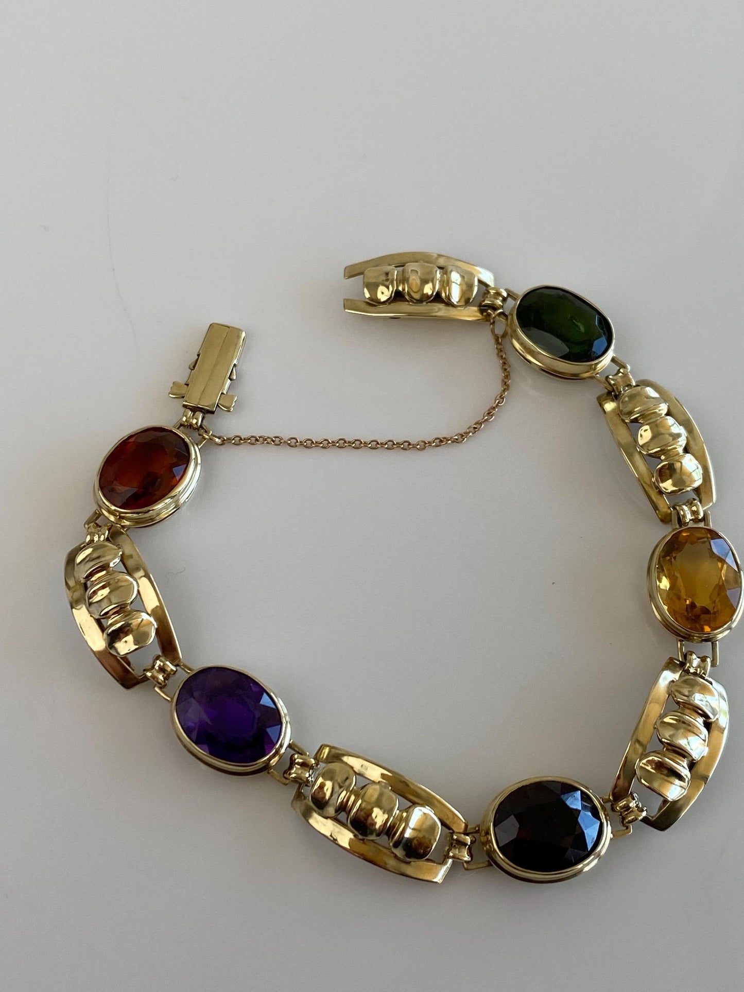 Vintage Solid 14k Yellow Gold Amethyst Citrine Garnet Green Tourmaline Link Bracelet - 7 inches